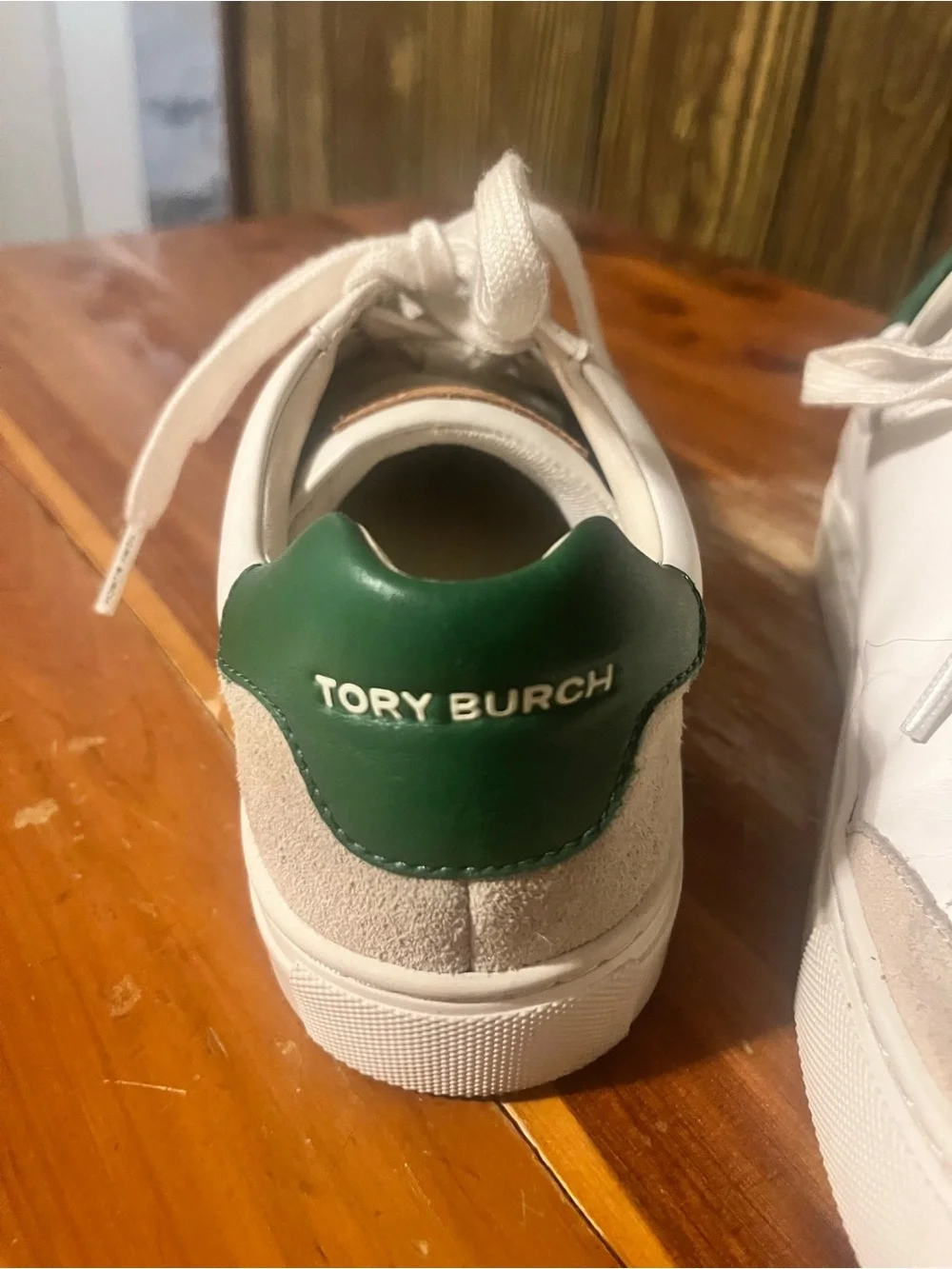 Tory Burch White Leather Sneakers with Green Heel and Beige Suede Toe Cap